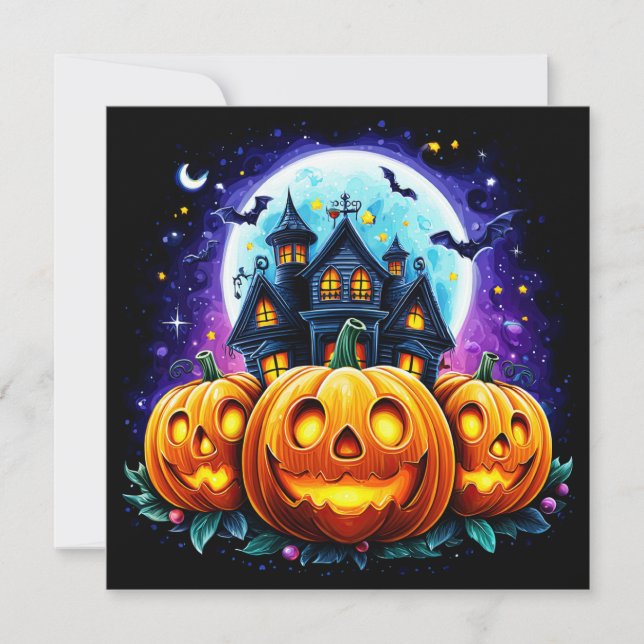 Cartão Casa Assombrada e Abóboras de Halloween (Frente)