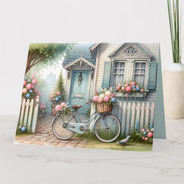 Cartão Casa Azul de bicicleta com cesto de flores da prim (Frente)