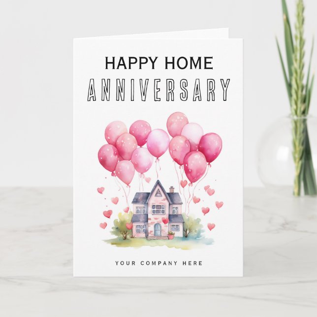Cartão Casa Balão Rosa Aniversário de Residência (Frente)