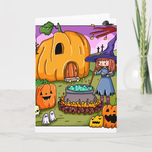 Cartão Casa de Abóbora de Bruxa de Halloween (Frente)
