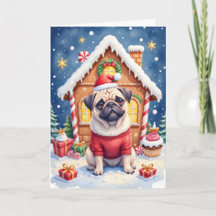 Cartão Casa de Biscoito de Natal Pug Festa de Natal
