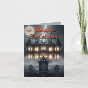 Cartão Casa de Halloween com Frankie, Cinza Escuro