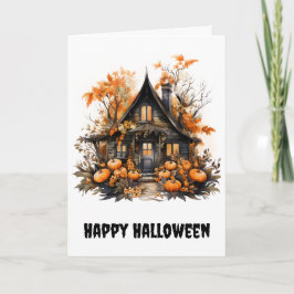 Cartão Casa de Halloween com Pumpkins e Folhagem