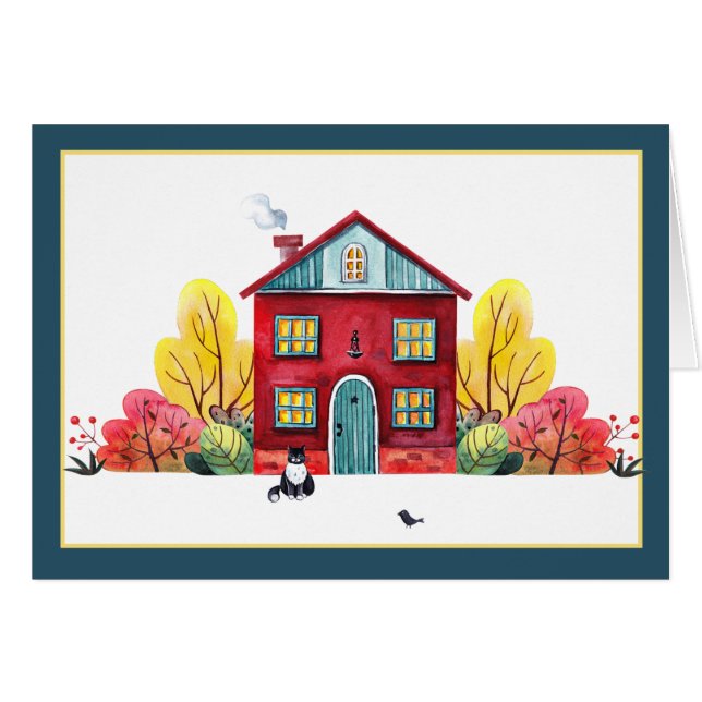 Cartão Casa de outono e gato  (Frente Horizontal)