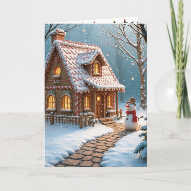 Cartão Casa de Pão de Natal com Neve (Frente)