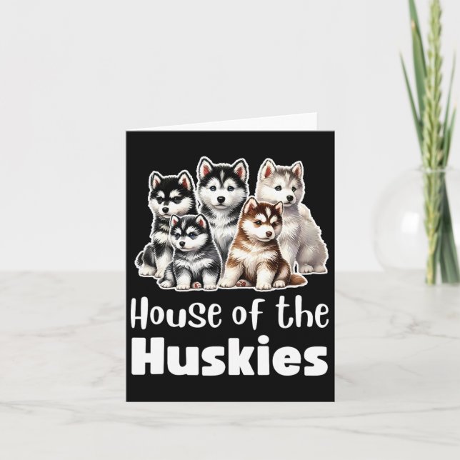 Cartão Casa dos Huskies Cachorrinhos Husky de Aquarela Fo (Frente)