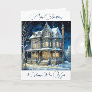Cartão Casa Iluminada de Natal Personalizada Snowy