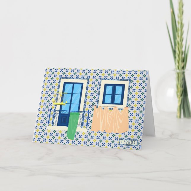 Cartão Casa portuguesa Lisboa com azulejos e aves (Frente)