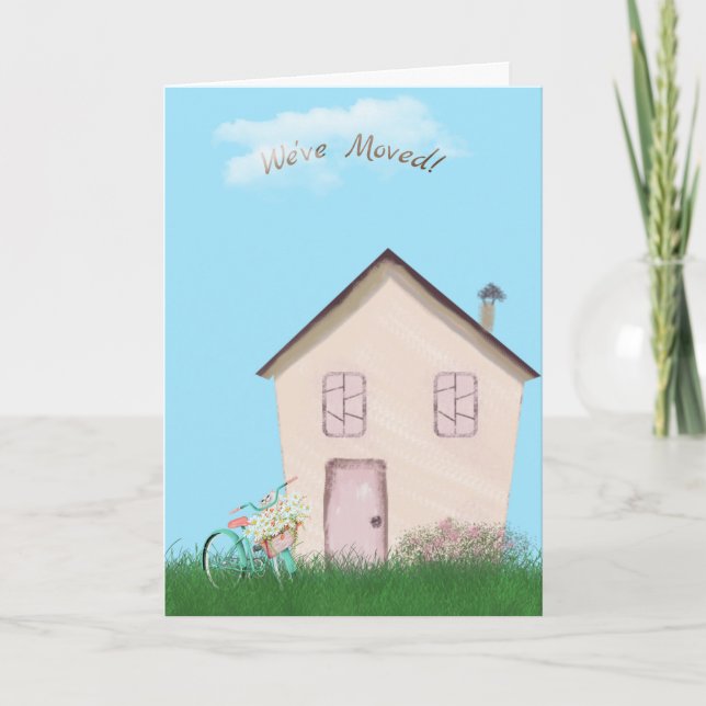 Cartão casa rosa com bicicleta e gato para casa nova (Frente)