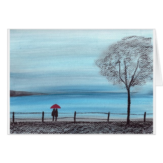 Cartão Casal apaixonado por um guarda-chuva vermelho (Frente Horizontal)