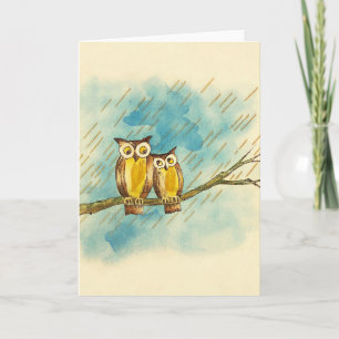 Cartão Casal de Coruja Amoroso em Aquarela Vintage