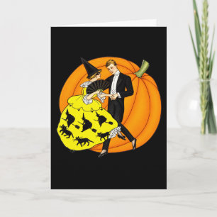 Cartão Casal de Dança Vintage de Halloween Abóbora
