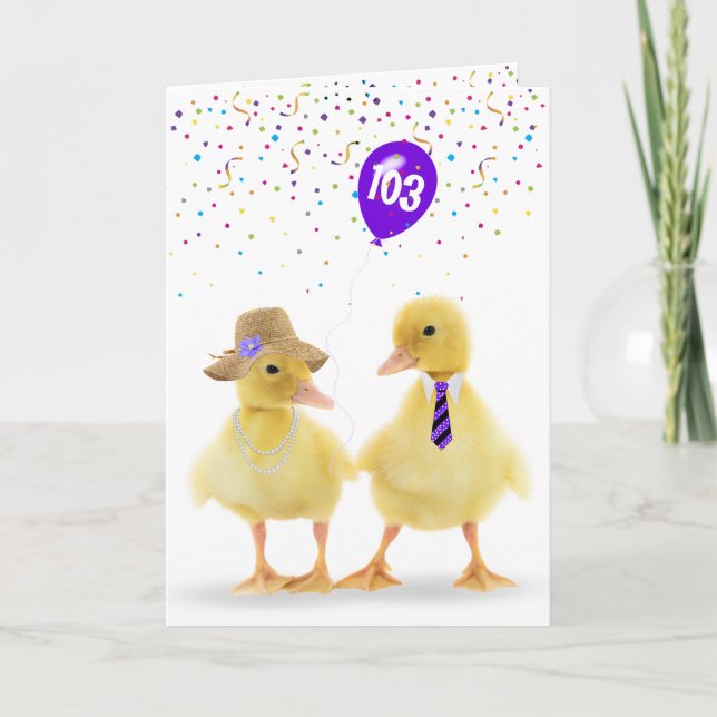 Cartão Casal De Duckling Com 103º Balão De Aniversário (Frente)