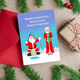 Cartão Casal de Natal Pescando Papai Noel e a Sra. Claus