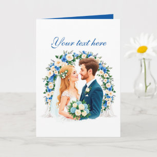 Cartão Casal de noivos azul fofo personalizável 