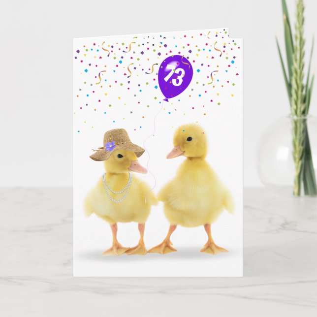 Cartão Casal De Pato Bonito Com 73° Balão De Aniversário (Frente)