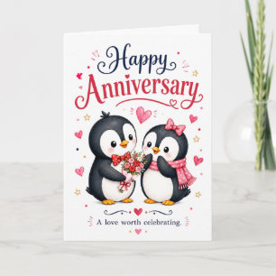 Cartão Casal de Pinguins Fofos Feliz Aniversário