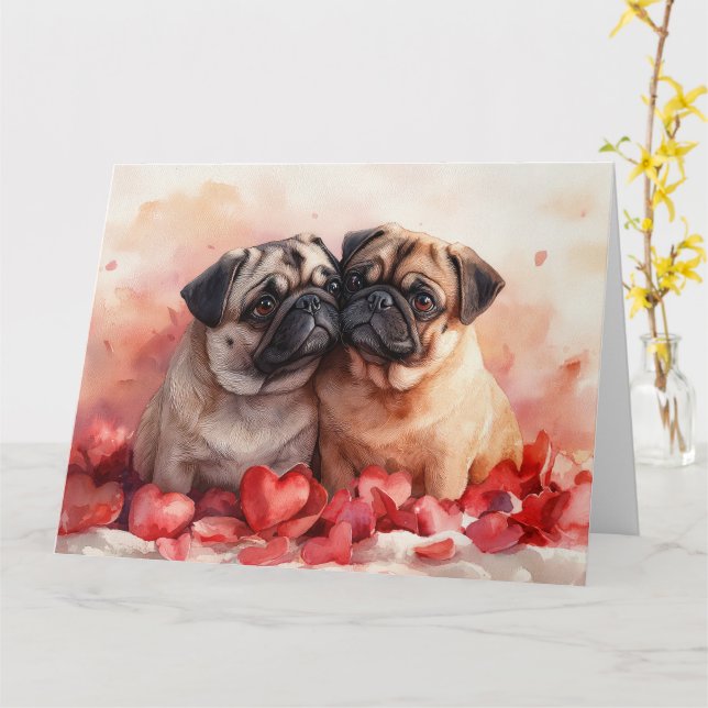 Cartão Casal de Pug Romântico Aquarela Amor Sensível (Flor Amarela)