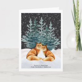 Cartão Casal de Raposa de Natal Com Árvore e Neve Aquarel