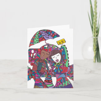 Cartão casal esperando o ônibus em uma placa de anotação