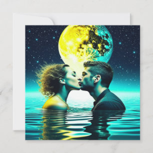 Cartão Casal Etéreo Beijando na Reflexão da Água da Lua