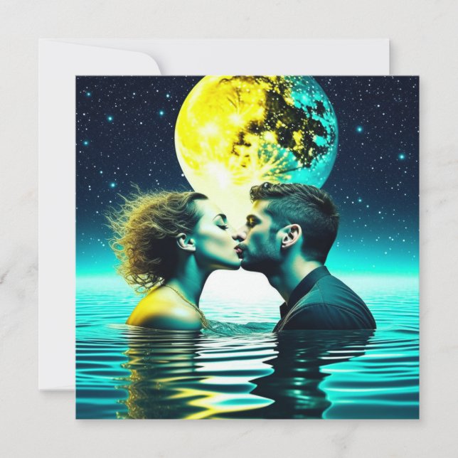 Cartão Casal Etéreo Beijando na Reflexão da Água da Lua (Frente)
