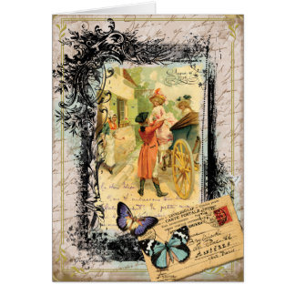 Cartão Casal francês na Carruagem Vintage Style Card