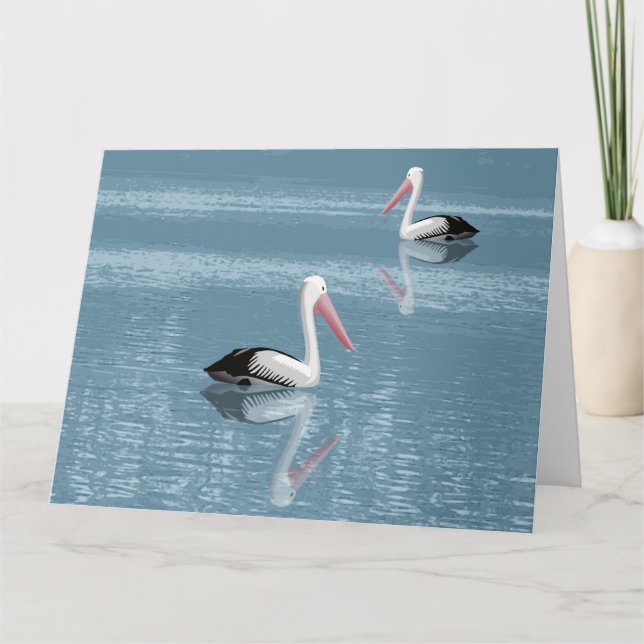 Cartão Casal Pelicano remando Água Azul Calma Saudação (Frente)