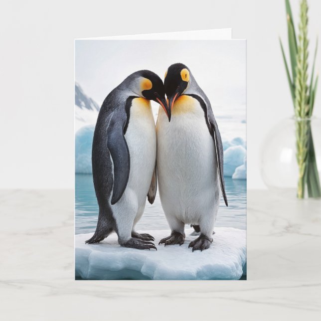 Cartão Casal Penguin De Aniversário Em Um Iceberg (Frente)
