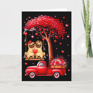Cartão Casal Pug Corações de São Valentim Árvore Camionet