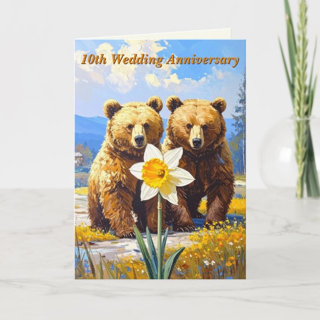 Cartão Casal Rustic Bear Daffodil 10th Casamento Anniv. (Frente)