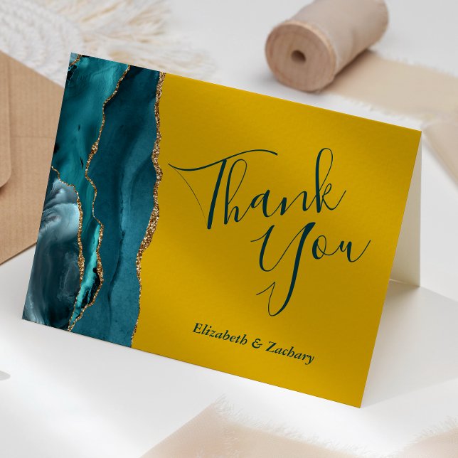 Cartão Casamento Amarelo Dourado Da Mostarda Teal Agate O (Criador carregado)