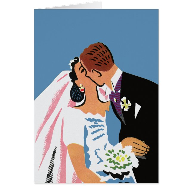 Cartão Casamento Antigo, Noiva e Noivo Retrô se Beijando (Frente)