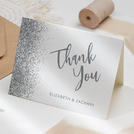 Cartão Casamento Branco Obrigado Letra Prateada Brilhante