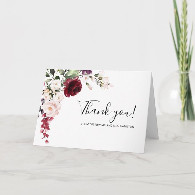Cartão Casamento Burgundy Floral Watercolor Obrigado (Frente)
