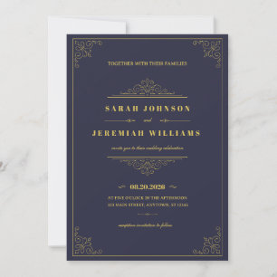 Cartão Casamento Clássico Elegante azul-marinho e Dourado