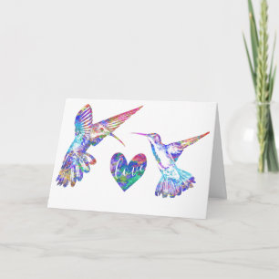 Cartão Casamento Coração de Amor com Beija-flores e Aquar