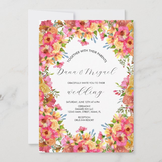 Cartão Casamento De Aquarela De Jardim Rosa-Rosa, Florais (Frente)