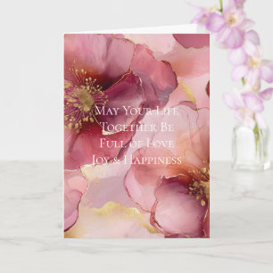 Cartão Casamento de Flores Rosa Bege Borgonha Dourado