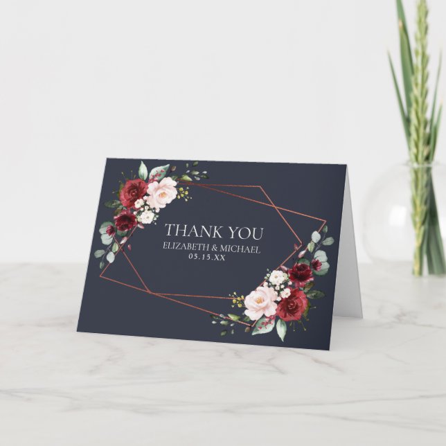 Cartão Casamento de Foto Azul da Borgonha Geométrica de C (Frente)