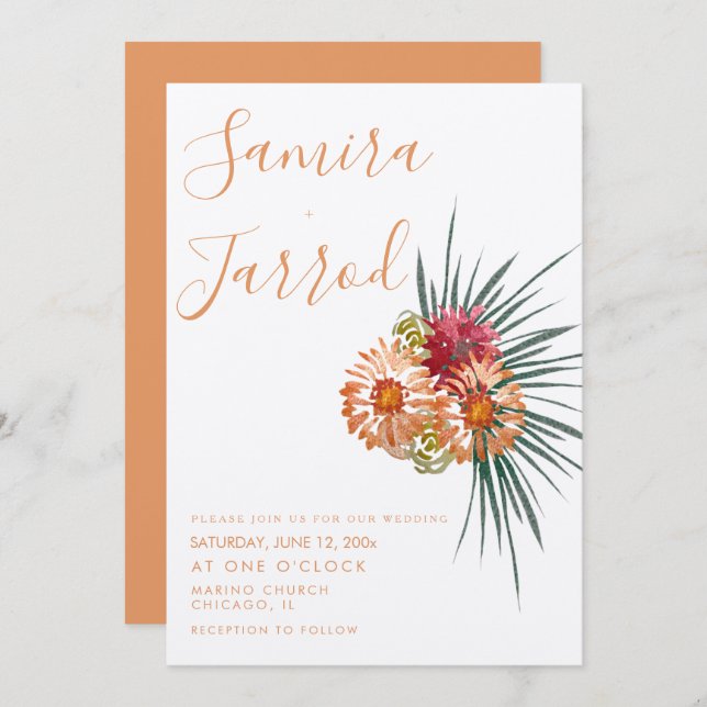 Cartão Casamento de Pêssego Floral Botânico (Frente/Verso)