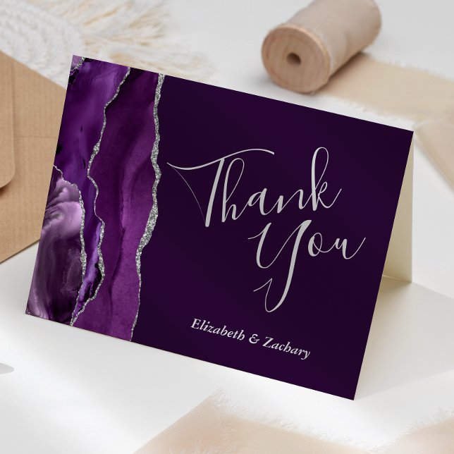 Cartão Casamento De Prata De Prata De Agato Roxo Obrigado (Criador carregado)