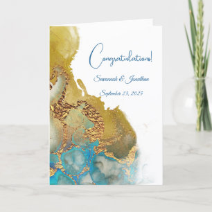 Cartão Casamento Dourado com Abstrato azul-turquesa