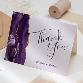 Cartão Casamento Dourado de Agata Pálida Roxo Obrigado