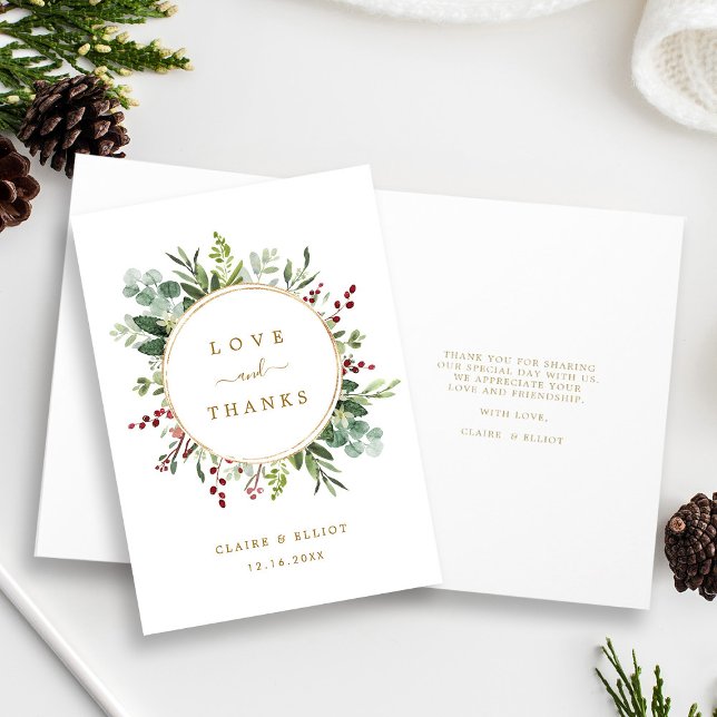 Cartão Casamento Dourado de Natal Botânico Obrigado Dobra (Front & Inside)