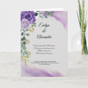 Cartão Casamento Elegante em Roxo com Rosa Dourada em Aqu