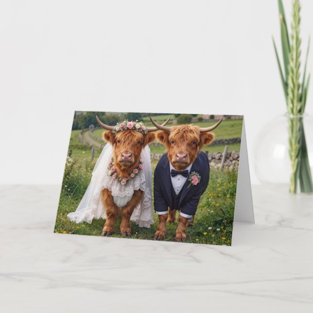 Cartão Casamento Escocês Vacas das Terras Altas (Frente)