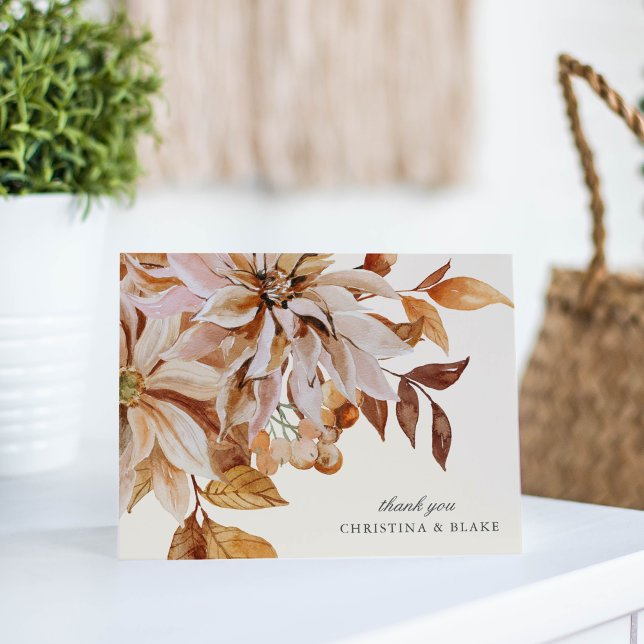 Cartão Casamento Floral de Autumn Elegante, Obrigado (Elegant Autumn Watercolor Floral Wedding Thank You Card)