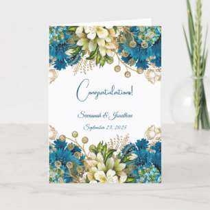 Cartão Casamento Floral Dourado Glam Blue