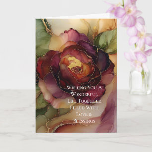 Cartão Casamento Floral Dourado Romântico Rosa Burgundy